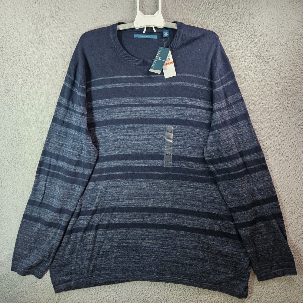$99 NEW‎ Perry Ellis Sweater Men 3XLT Tall Knit Navy Gray Striped Cotton Blend